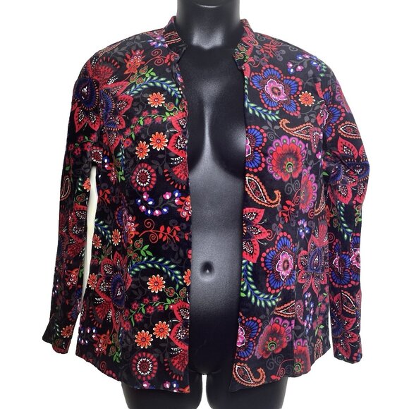 Koret Womans Velvet Size Med Bright Floral Paisley Open Front Jacket Cotton NWT - Picture 1 of 9